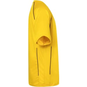 A yellow T-shirt featuring a simple design and black side accent lines. It has a relaxed fit and short sleeves.