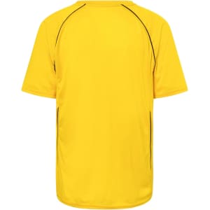 A yellow T-shirt with black accents and a relaxed fit, featuring a logo on the back.
