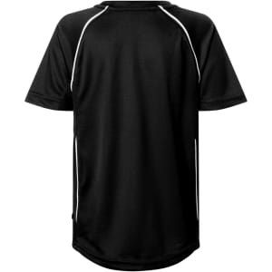A black junior T-shirt with white piping, featuring a logo on the back.