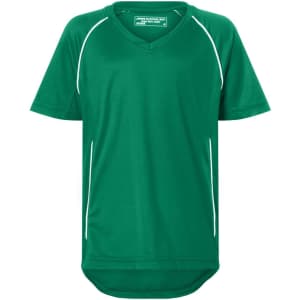 A green T-shirt with short sleeves and contrasting white piping, featuring a logo on the front.