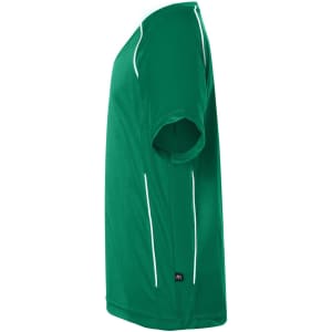 A green T-shirt features short sleeves and white accents. It has a logo on the lower side.