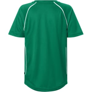 A green junior T-shirt with contrasting white stitching, featuring a logo. Suitable for casual wear.