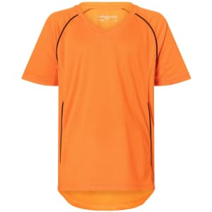 An orange junior T-shirt featuring black detailing and a V-neck design. It has a logo on the front.