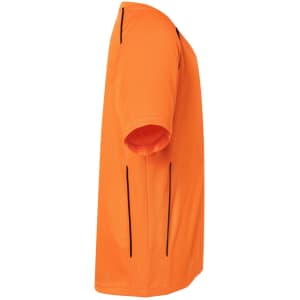 An orange T-shirt featuring short sleeves and black detailing, with a logo on the chest.