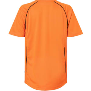 An orange T-shirt with black detailing and a rounded bottom hem, featuring a logo on the back.