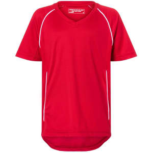 A red junior t-shirt featuring a v-neck and white detailing on the sides, with a logo on the front.