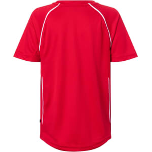 A red short-sleeved t-shirt with contrasting white accents and a logo on the back.