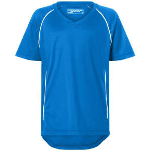 A blue T-shirt with a V-neck and white piping accents, featuring a logo.