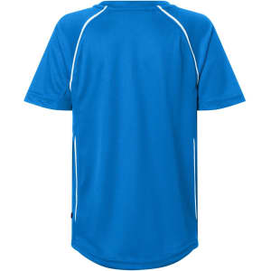 A blue junior team shirt with a round neckline and white piping along the seams, featuring a logo.