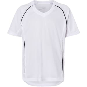 A white junior T-shirt with a V-neck and black piping details, featuring a logo.