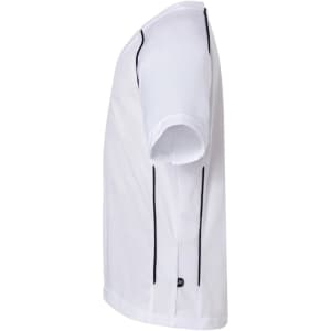 A white T-shirt with black side stripes and a small logo on the hem.