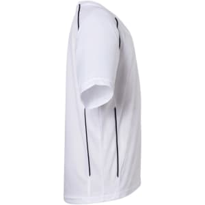 A white T-shirt with short sleeves, featuring black side detailing and a logo.