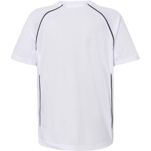 A white junior t-shirt with contrasting black seams, featuring a simple design and no visible logos.