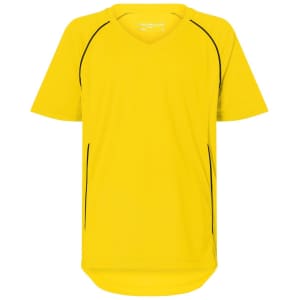A bright yellow T-shirt with black accent lines and a V-neck design. It features a branding logo.