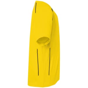A yellow t-shirt featuring side seams and black accents. Includes a logo.