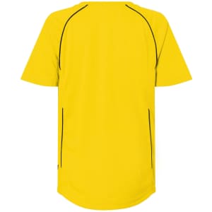 A bright yellow T-shirt with black piping details and short sleeves, featuring a logo.