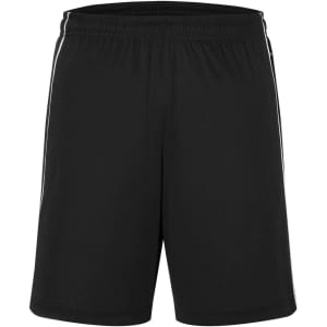 Black sports shorts featuring two side stripes and an elastic waistband, with a brand logo on the front.