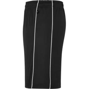 A black pair of sports shorts with white piping and an elastic waistband. It features a logo on the waistband.