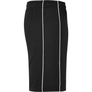 Black sports shorts featuring white side stripes and an elastic waistband, with a logo on the waistband.