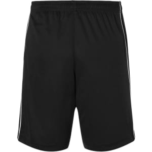 Black sports shorts with an elastic waistband and side stripes. Includes a logo on the front.