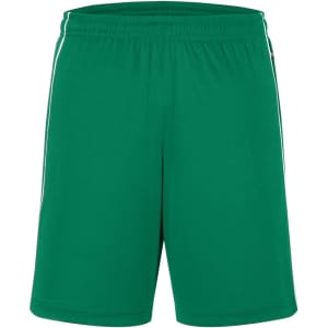 Green sports shorts featuring an elastic waistband and side stripes. Includes a logo on the front.