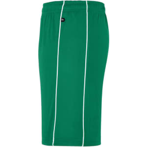 Green sports shorts featuring white striping and an elastic waistband, with a logo on the waistband.