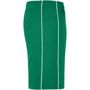 Green sports shorts featuring white side stripes and an elastic waistband, with a logo on the front.