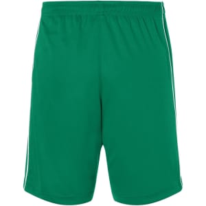A pair of green sports shorts featuring a simple design and stripes along the sides, with an elastic waistband.