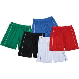 A collection of Basic Team Shorts in green, black, blue, red, and white with contrasting trim and logos.