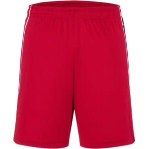 Red sports shorts with an elastic waistband and a logo on the side. Ideal for team wear or casual sports activities.