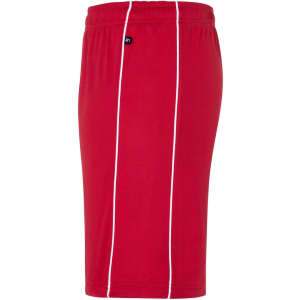 Red sports shorts with white piping, featuring an elastic waistband and a logo.