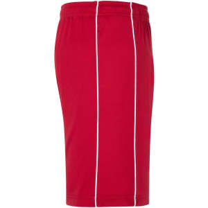 Red sports shorts featuring white piping along the sides and an elastic waistband. Includes a logo.