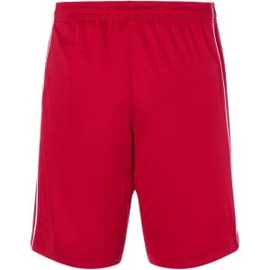 Red sports shorts with a stretchy waistband and white side stripes. The shorts feature a logo on one side.