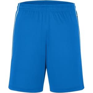 Bright blue sports shorts with an elastic waistband and contrasting stripes on the sides, featuring a logo.