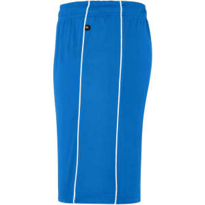 A pair of blue sports shorts featuring white piping and an elastic waistband, with a small logo.