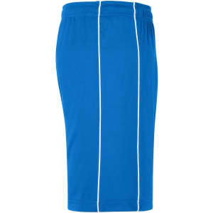Blue sports shorts with white piping along the sides and an elastic waistband. Includes a logo.