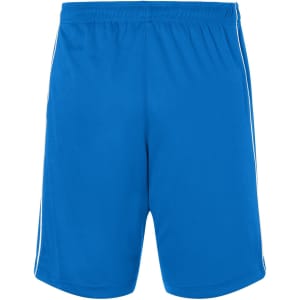 Blue sports shorts with a straight cut and side stripes, featuring an elastic waistband and branding logo.