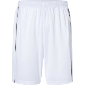 A pair of white sports shorts with a black outline and an elastic waistband. Features a logo on the side.
