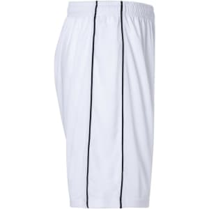 White sports shorts with black side stripes and an elastic waistband. Features a logo.