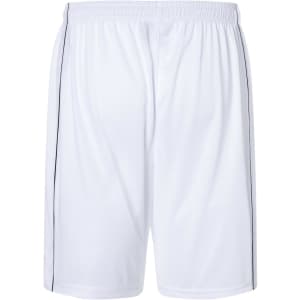 White sports shorts featuring a black side stripe and an elastic waistband, designed for team activities.