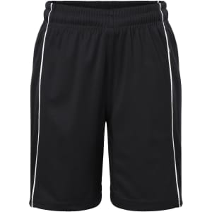 Black sports shorts with white trim and an elastic waistband, featuring a logo on the side.