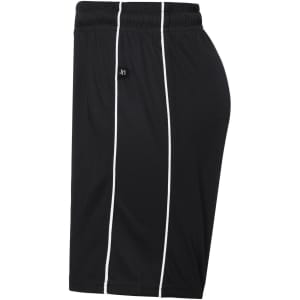 Black sports shorts with white accents and an elastic waistband, featuring a small logo. Ideal for activewear.