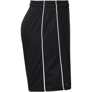 Black sports shorts with white stripes, featuring an elastic waistband and a logo. Ideal for active wear.