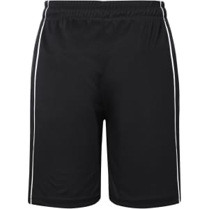 Sports shorts in black with white stripes on the sides, featuring an elastic waistband and a simple design.