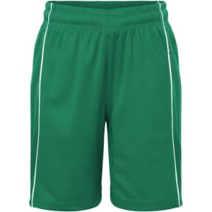 Green sports shorts with white piping and an elastic waistband, featuring a logo on the side.