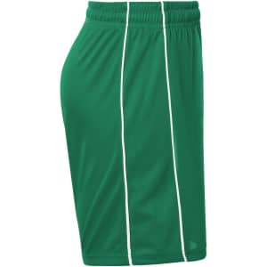 Green sports shorts with white stripes, featuring an elastic waistband and a logo. Suitable for athletic activities.