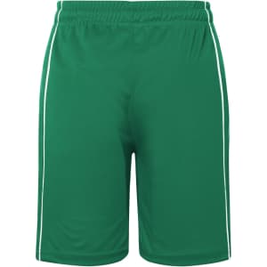 Green sports shorts with white side stripes and an elastic waistband, featuring a logo on the front.