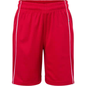 Red sports shorts with an elastic waistband and white trim, featuring a logo on one side.