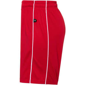 Red sports shorts featuring white stripes and an attached logo. Suitable for junior wear.