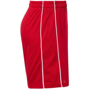 Red sports shorts with white stripes and an elastic waistband, featuring a logo. Suitable for junior athletes.